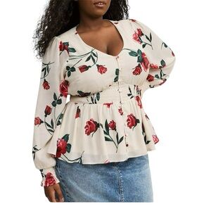 Torrid Cream and Red Roses Smocked Waist Blouse with Long Sleeves Size 1